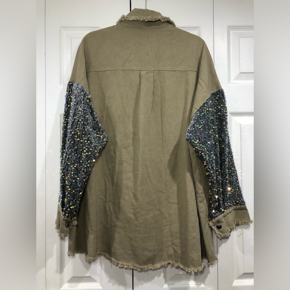 Women Sequin Patchwork Long Sleeve Sparkle Casual Glitter Jeans Bomber Jacket - Picture 8 of 10